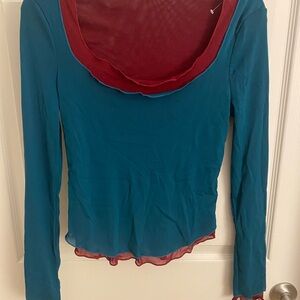 Free People Teal and Red Layered Blouse
